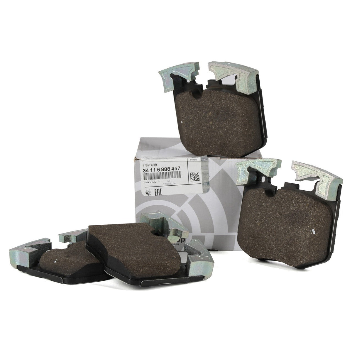 Genuine BMW front brake pads 34116889570, showing the metal backing and friction surface for vehicle braking system.