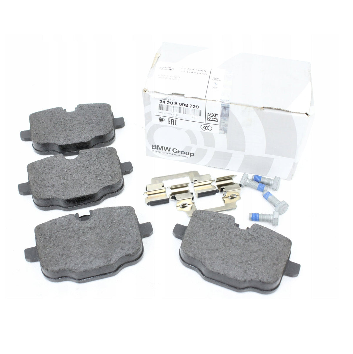 Genuine BMW F97 X3 M and F98 X4 M front brake pads, model 34108064561, showing the new brake pad set on a white background.