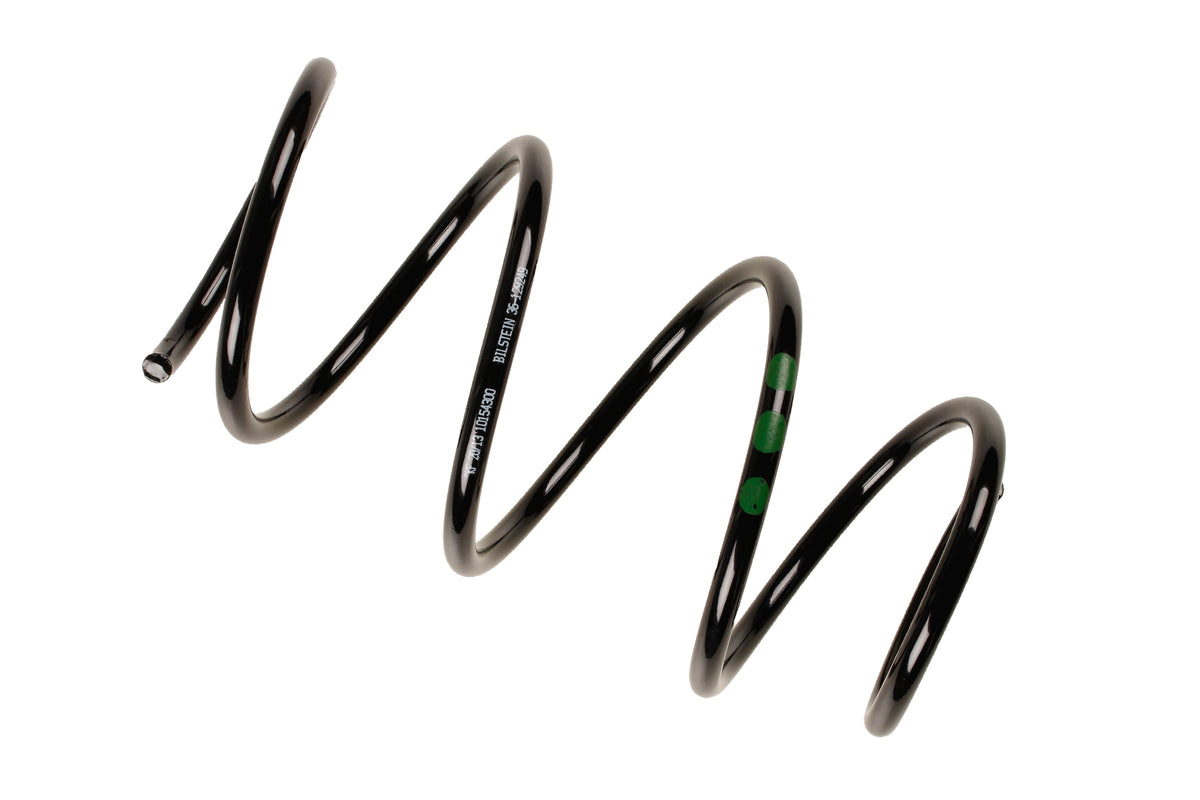 Bilstein B3 OE replacement coil spring for BMW 3 Series E46, showing the black spring with coil design and manufacturer markings.