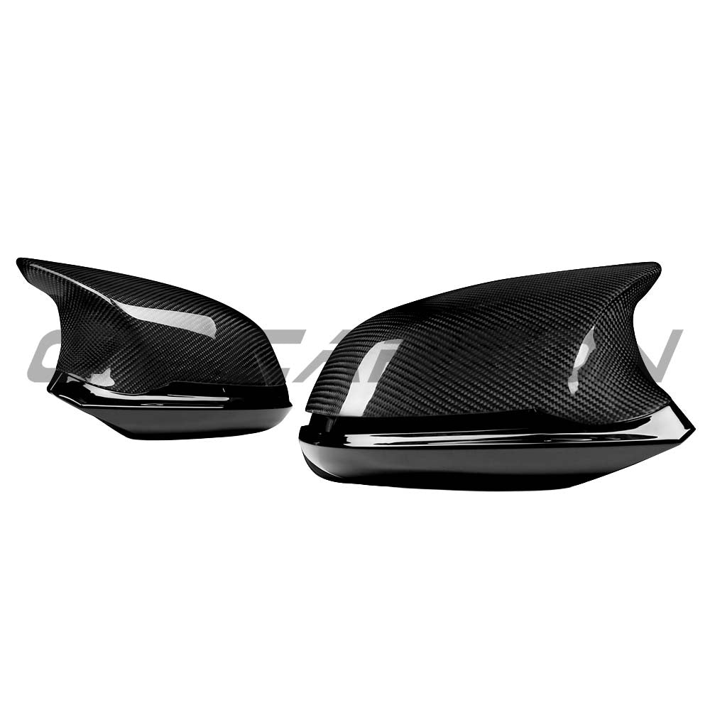 BMW F30 3 Series 2011-2018 dry carbon fiber mirror covers by CT Carbon, showing sleek, lightweight mirror cap design.