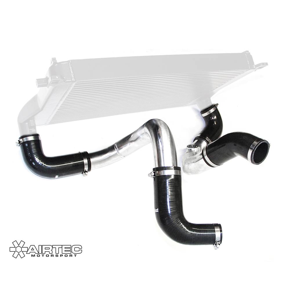 Airtec Motorsport MQB EA888 big boost pipe kit with black silicone hoses and stainless steel clamps for turbocharged engines.
