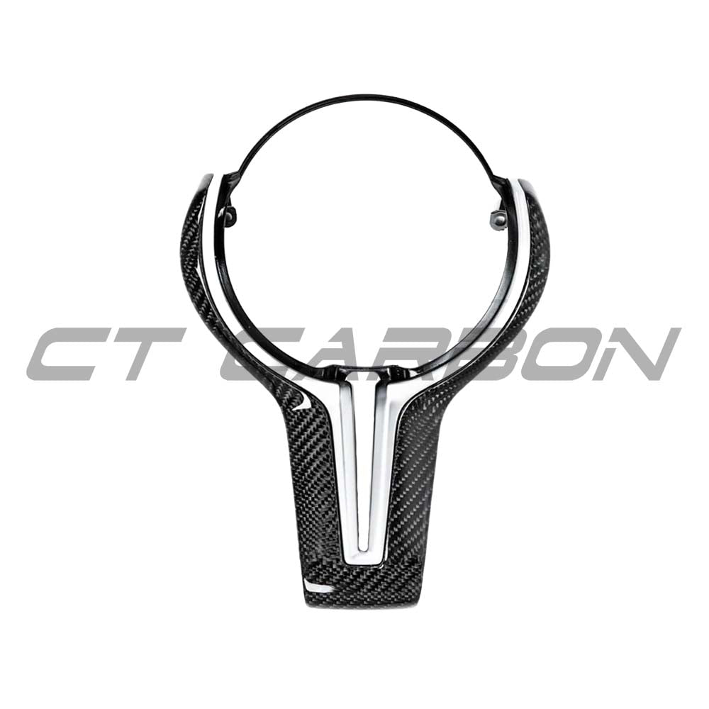 BMW Fxx M series carbon fiber steering wheel trim by CT Carbon, showcasing sleek, textured carbon fiber accessory for interior upgrade.