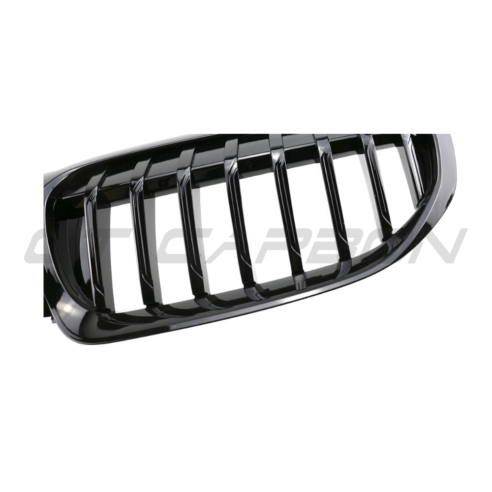 BMW 3 Series G20 G21 2022+ LCI CT Carbon gloss black grille with single slat, close-up view highlighting sleek design and finish.