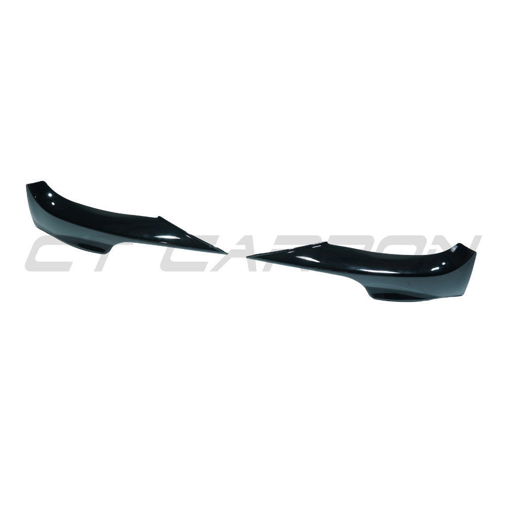 BMW E92/E93 3 Series 2006-2009 pre-LCI gloss black splitter corners by CT Carbon, showing close-up of aerodynamic splitter parts.