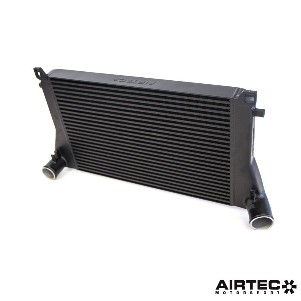 Airtec Motorsport EA888 MQB platform intercooler and big boost pipe hoses installed in a vehicle engine bay.