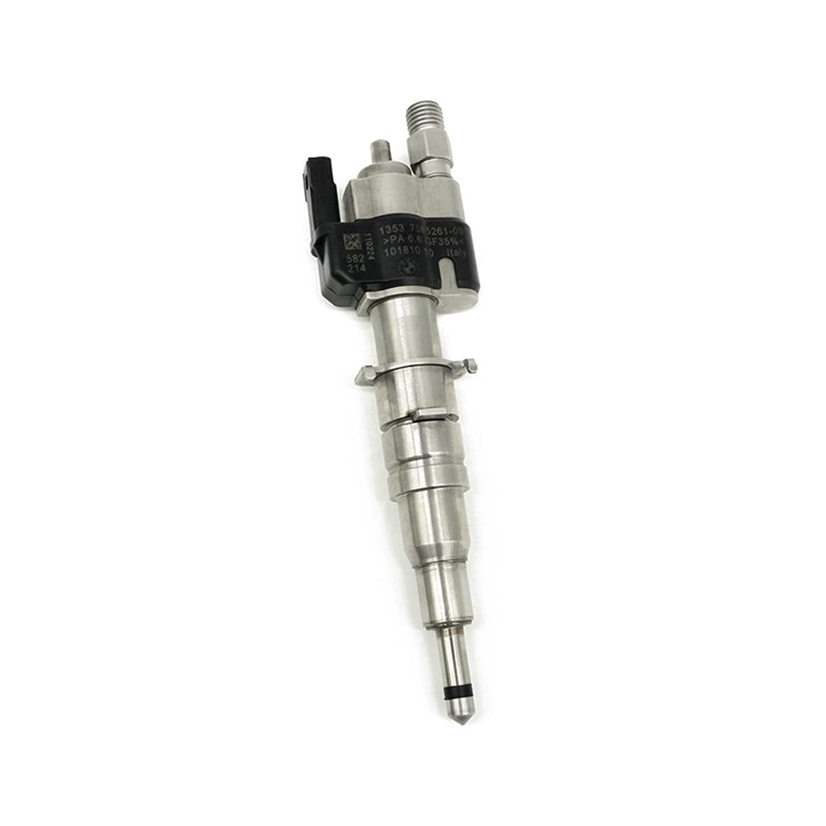 Genuine BMW N54, N63, N74, S63 fuel injector index 12, part number 13538616079, showing the metal injector body and nozzle