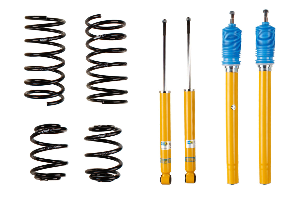 Bilstein B12 Suspension Kit for BMW 3 Series E30, including shock absorbers and coil springs, installed on a vehicle.