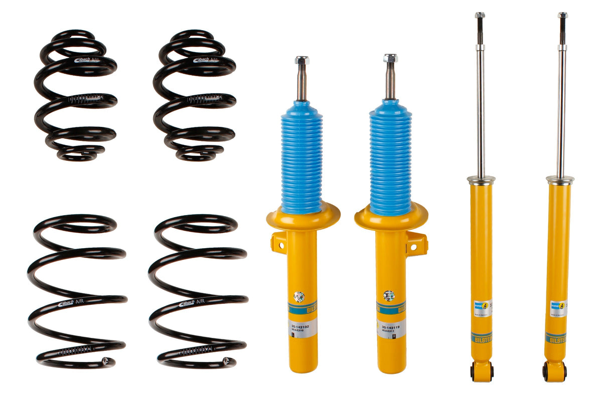 Bilstein B12 coilover suspension kit installed on BMW 3 Series Cabriolet E46 showing adjustable struts and coil springs.