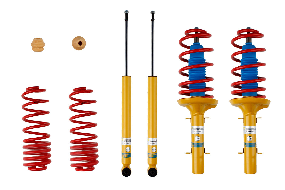 Bilstein B12 suspension kit for Audi A3 (8L1), showing shock absorbers and coil springs in the kit.