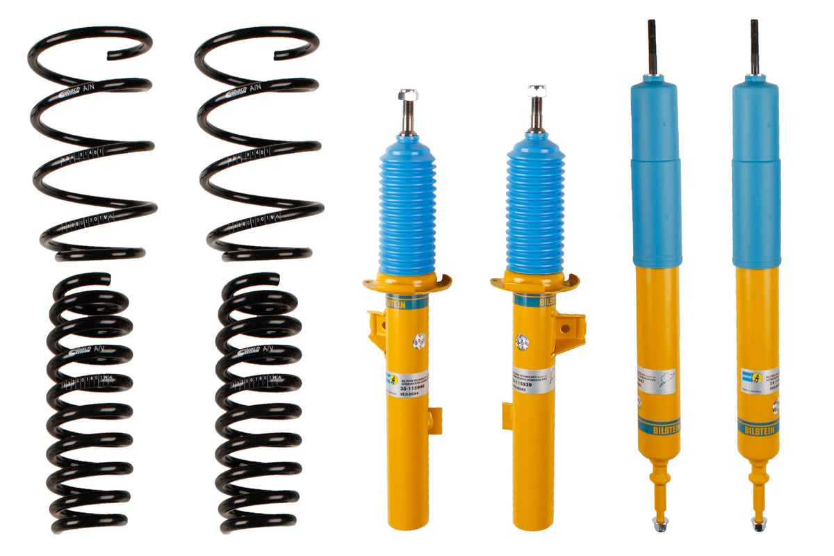 Bilstein B12 suspension kit for BMW 3 Series E90, showing shock absorbers and coil springs in the kit.