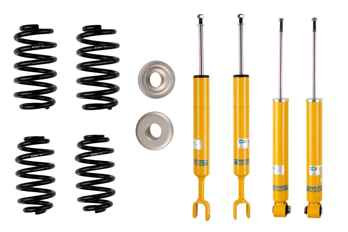 Bilstein B12 suspension kit installed on an Audi A4 (8E2 B6), showcasing shock absorbers and coil springs for improved ride quality.