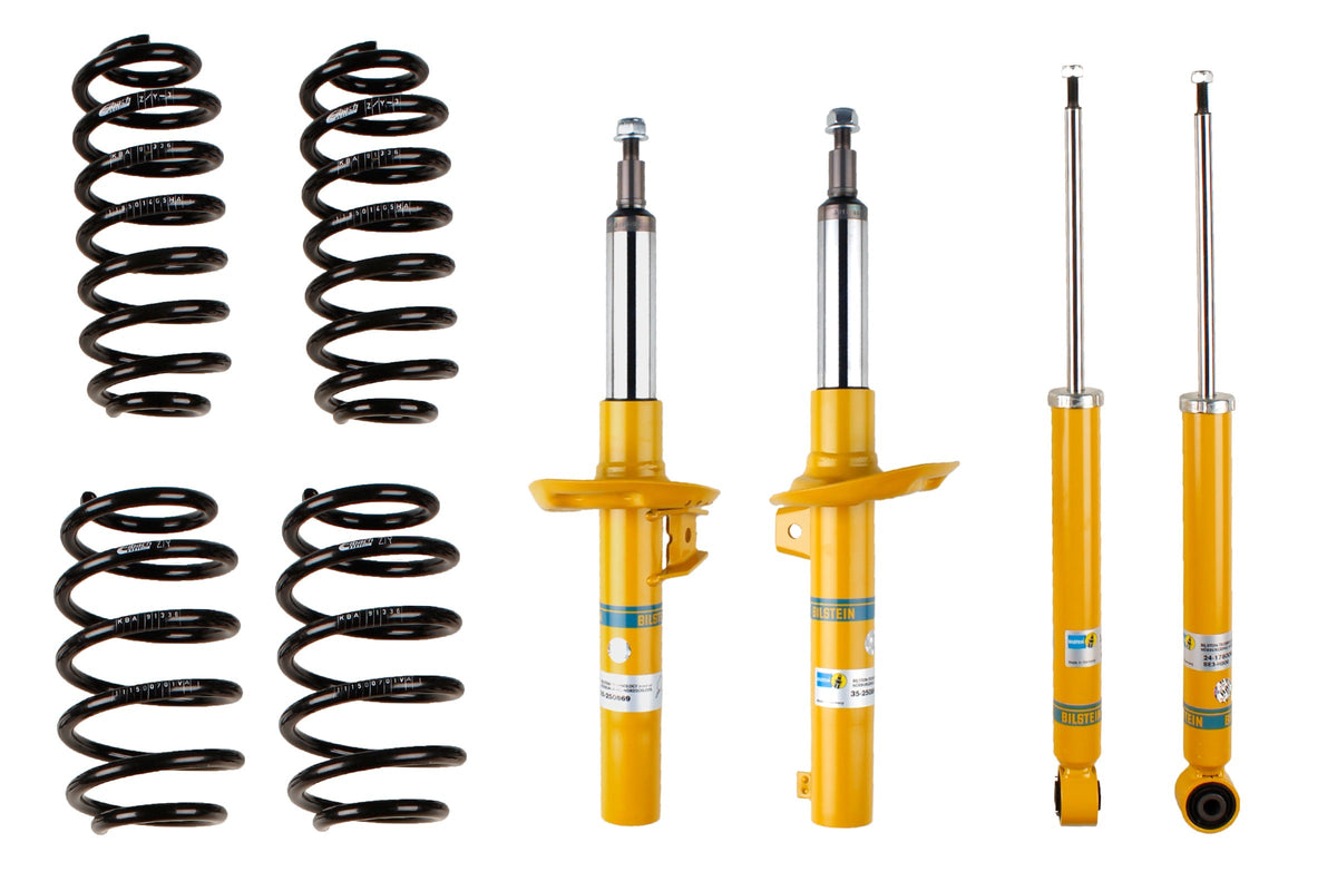 Bilstein B12 suspension kit for Volkswagen Golf V (1K1), including shocks and springs, installed on a vehicle's suspension system.