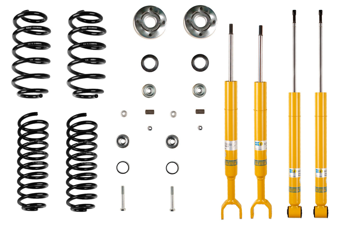 Bilstein B12 suspension kit for Audi A4 B5, including shock absorbers and springs, installed on a vehicle.