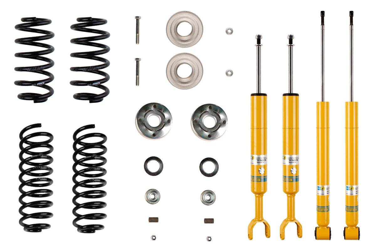 Bilstein B12 suspension kit installed on Audi A4 B5, showing shock absorbers and coil springs for improved ride quality.