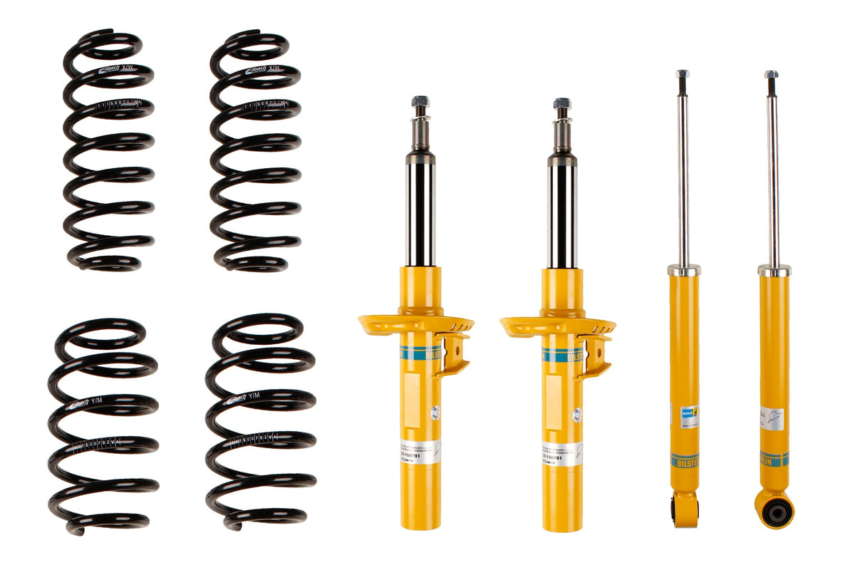 Bilstein B12 suspension kit for Audi A3 (8P1), showing shock absorbers and coil springs in the kit.
