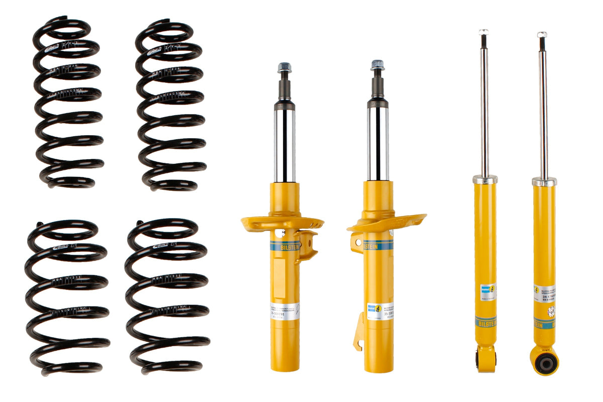 Bilstein B12 suspension kit for Volkswagen Golf Plus, showing shock absorbers and coil springs in the kit.