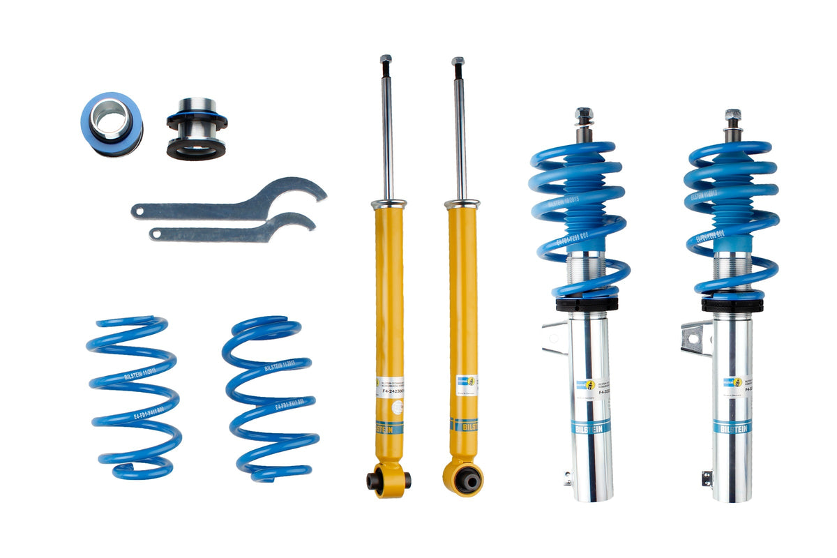 Bilstein B14 coilover suspension kit for Audi A3 8V and Golf 7, featuring adjustable shock absorbers and strut components.