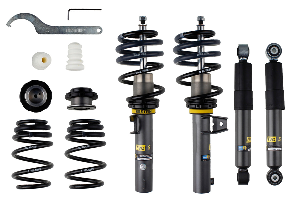 Bilstein EVO S coilover kit for Volkswagen Caddy 5, showing adjustable shock absorbers and coil springs in a close-up view.