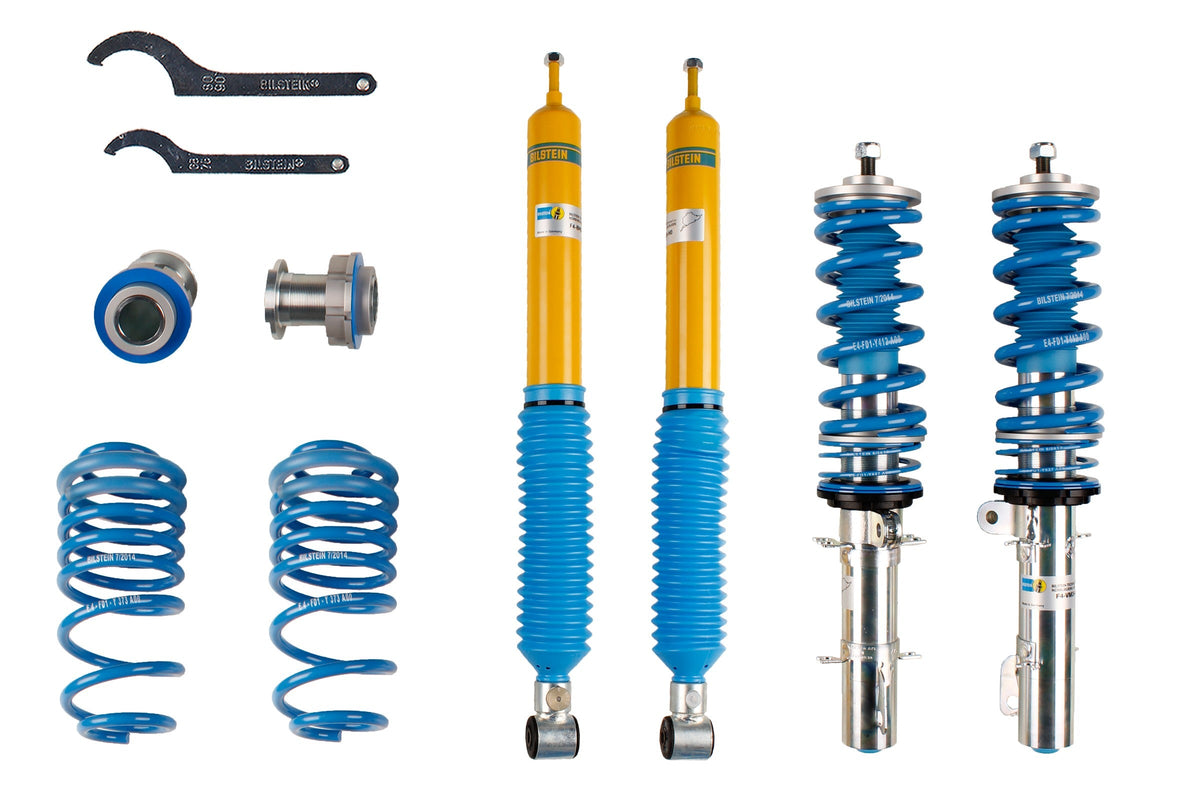 Bilstein B16 coilover suspension kit for Audi, Volkswagen, and Seat vehicles, featuring adjustable damping and ride height.
