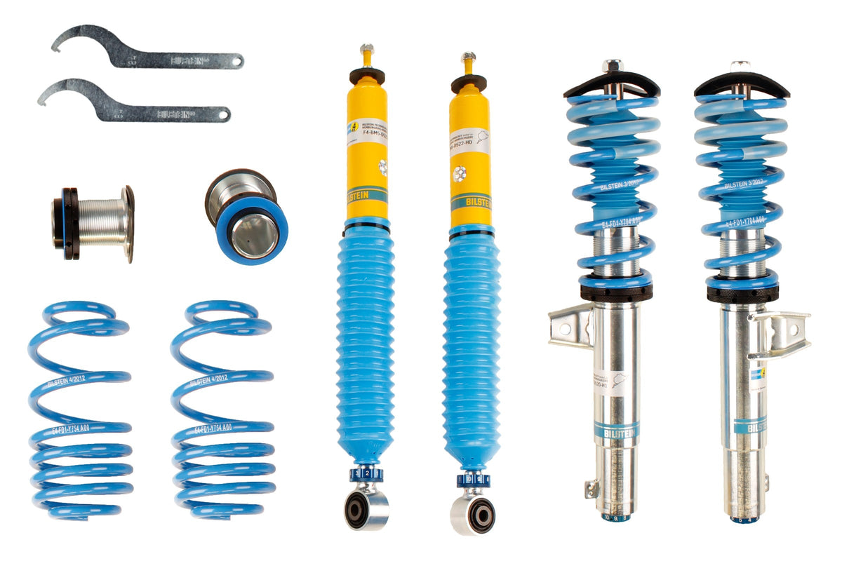 Bilstein B16 coilover suspension kit for Audi, Seat, Skoda, and Volkswagen vehicles, featuring adjustable ride height and damping.