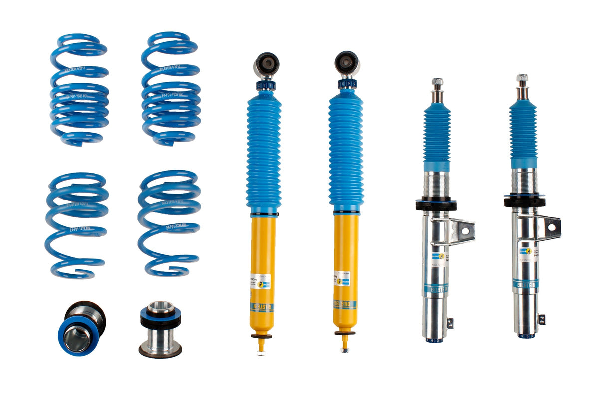 Bilstein B16 coilover suspension kit for Audi A3 8V and Golf 7, with 50mm ride height adjustment, shown in the image.