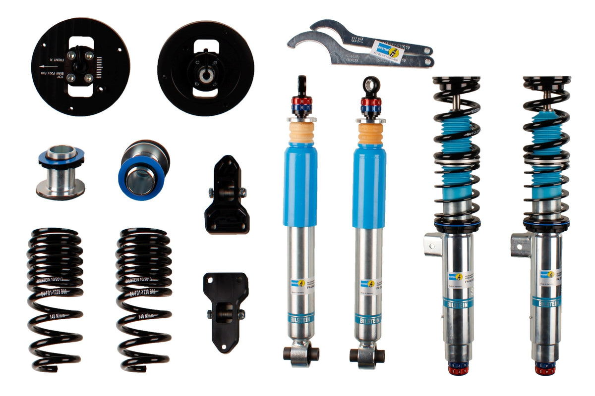 Bilstein B16 coilover suspension kit for BMW F20, F36, F82 Clubsport, including 116i to M235i models, with adjustable dampers.