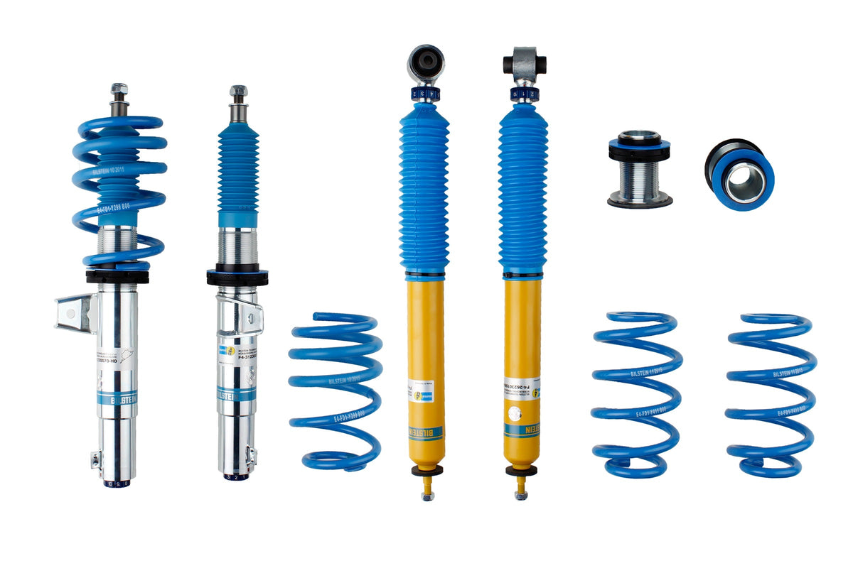Bilstein B16 coilover suspension kit for Audi A3 8V and Golf 7, featuring a 50mm drop and adjustable ride height.