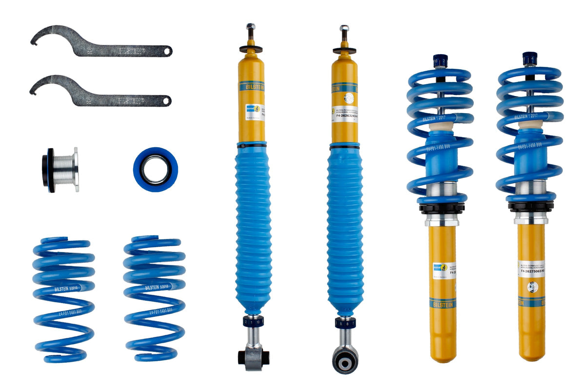 Bilstein B16 PSS10 coilover kit for Audi A4 B9 and A5, showing adjustable shock absorbers and coil springs installed on vehicle.