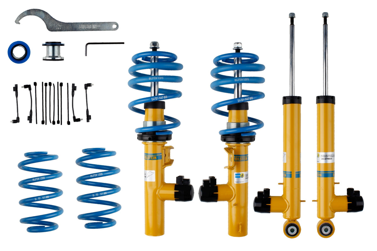 Bilstein B16 Damptronic coilover kit for Volkswagen Golf VII and SEAT Leon torsion beam, showing the assembled suspension components.