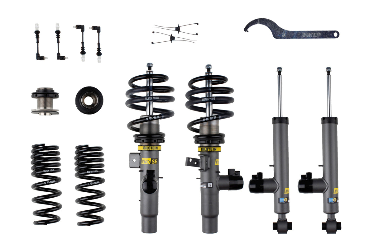Bilstein electric suspension coilover kit for BMW G20 2WD, featuring adjustable shocks and coil springs for improved ride quality.
