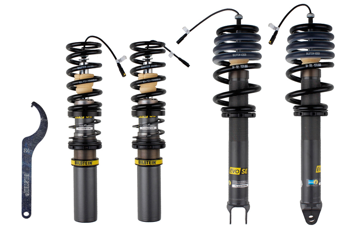 Bilstein EVO SE coilover kit for Porsche 992 shown in image, featuring adjustable suspension components and coilover shocks.