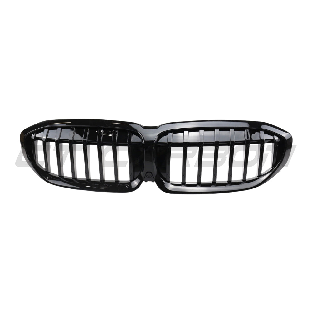 BMW 3 Series G20 G21 2022+ LCI CT Carbon gloss black grille with single slat, close-up of the sleek automotive grille.