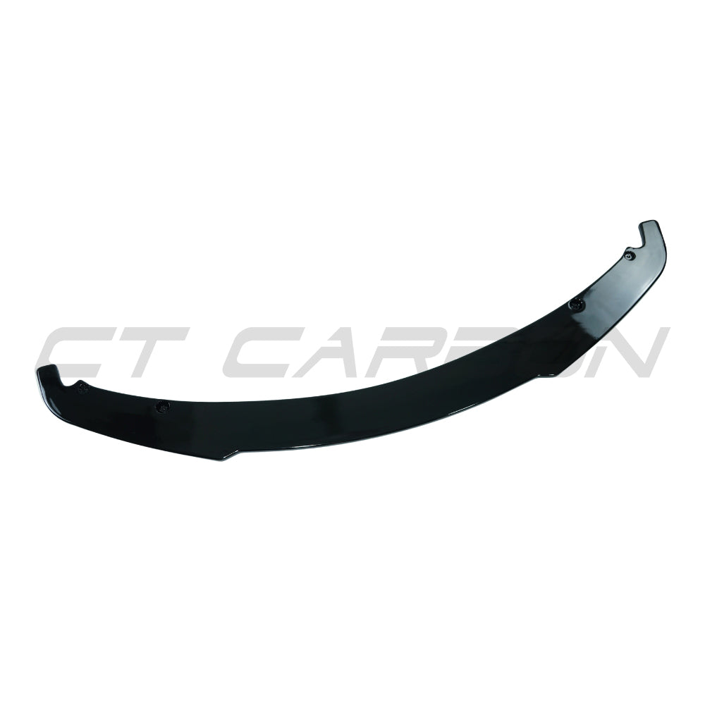 BMW 3 Series E90/E91 2005-2011 CT Carbon gloss black splitter installed on front bumper, showcasing sleek aerodynamic design.