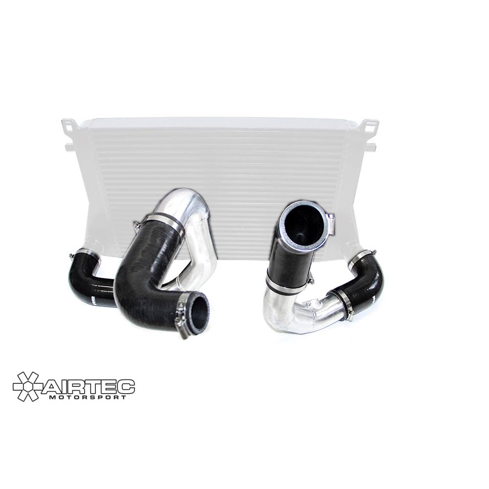 Airtec Motorsport MQB EA888 big boost pipe kit hoses installed on engine, showcasing durable silicone hoses for turbocharging.