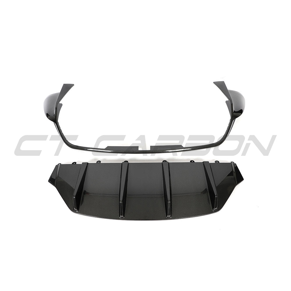 CT Carbon Porsche Taycan 2020-2024 carbon fiber diffuser showing sleek aerodynamic design and textured carbon fiber surface.