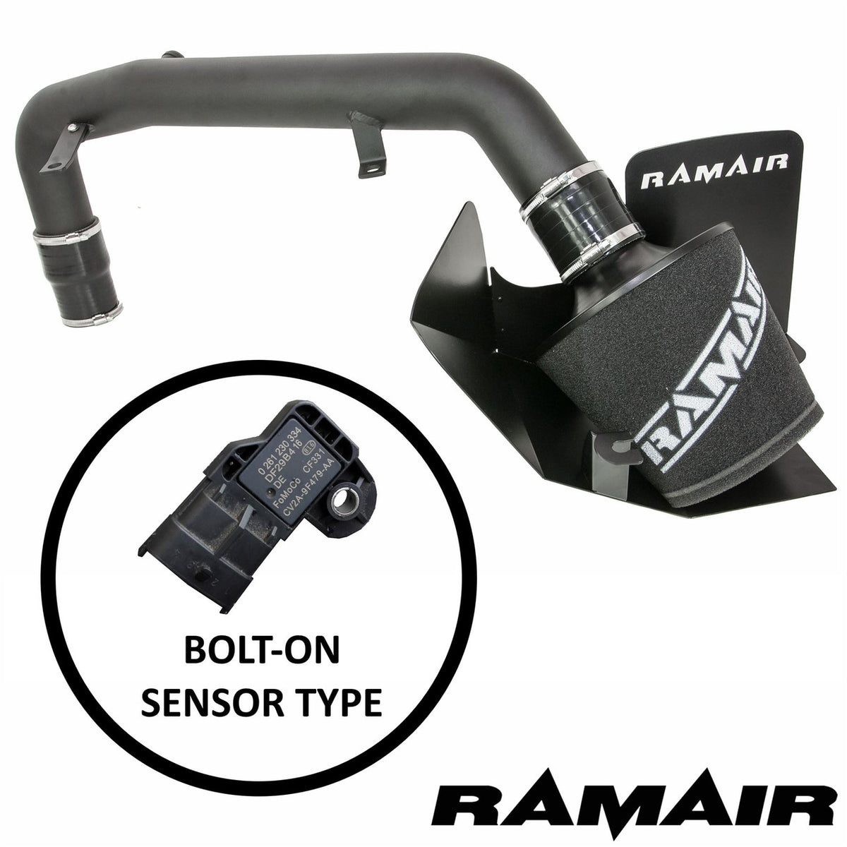 Ramair Ford Focus ST 250 MK3 2.0T induction kit with air filter, heat shield, crossover pipe, and hard pipe for improved airflow.