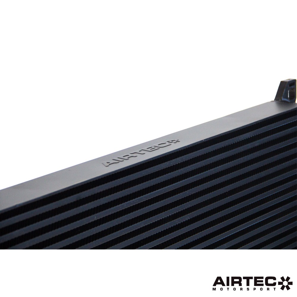 Airtec Motorsport EA888 MQB intercooler and boost pipe hoses installed, showcasing high-performance turbo upgrade components.