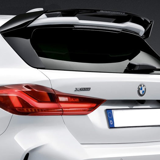 Genuine BMW M Performance high-gloss black roof edge spoiler for 1 Series F40, sleek aerodynamic car accessory.