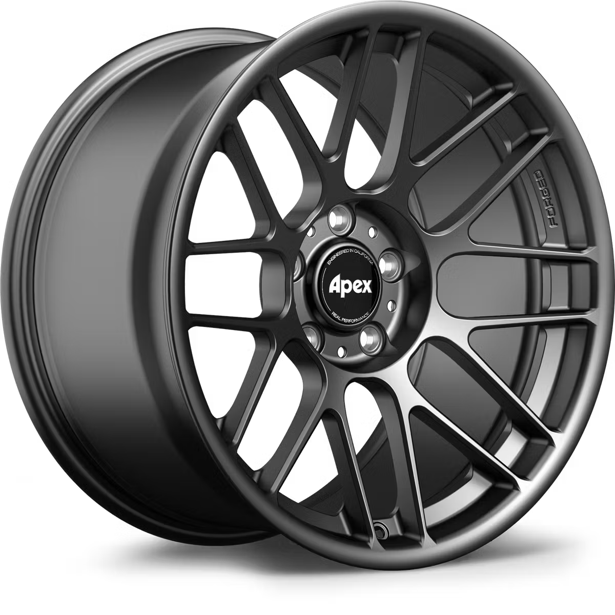 Apex ARC-8RT forged alloy wheels with a sleek multi-spoke design, shown in a close-up view highlighting their metallic finish.