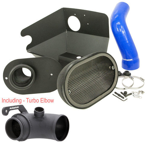 Ramair heat shield intake kit with blue intake hose and turbo elbow for VW Golf MK7, Audi S3, Seat Leon Cupra, and Skoda Octavia RS.