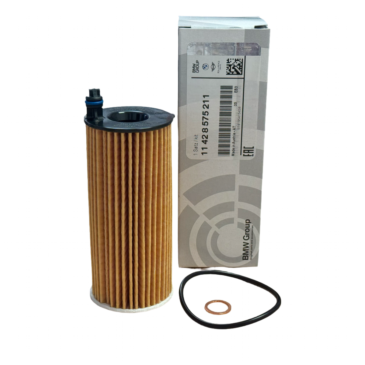 Genuine BMW oil filter for B46 B47 B48 engines, showing the cylindrical filter element and metal housing.