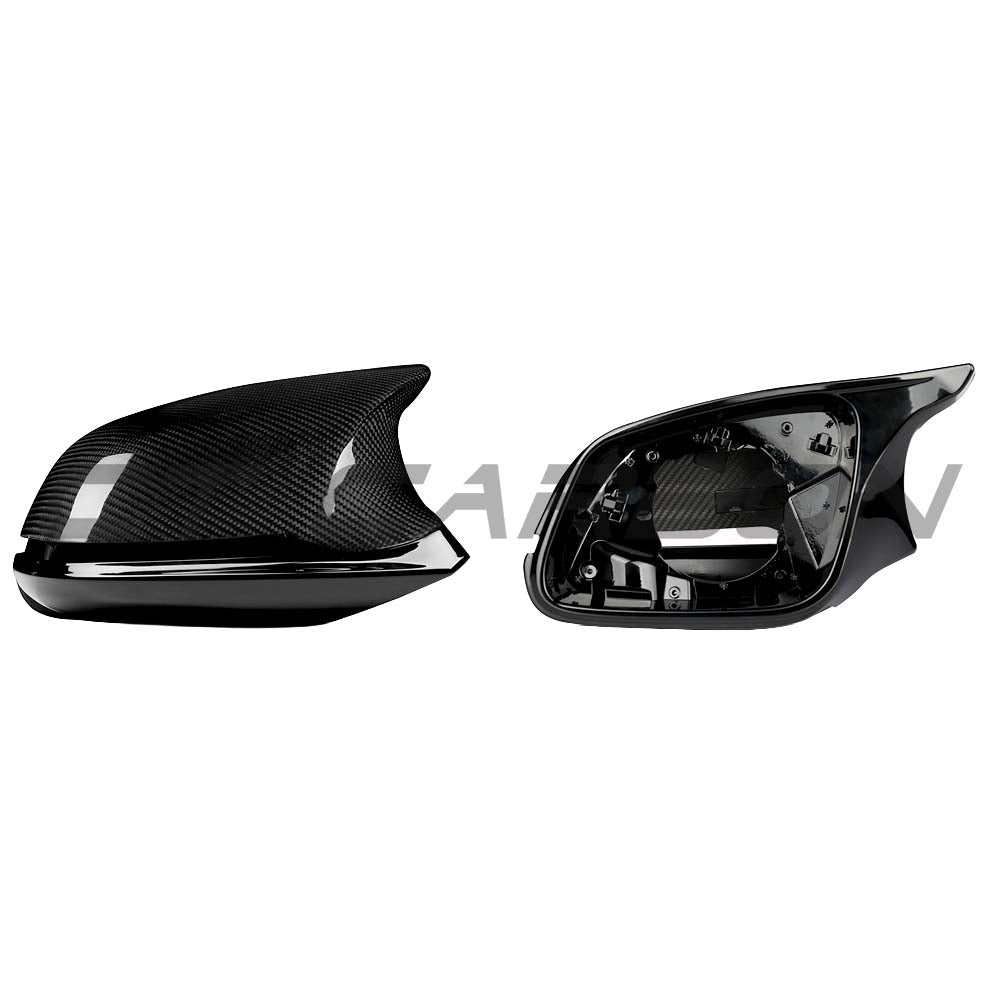 BMW F30 3 Series 2011-2018 dry carbon fiber mirror covers by CT Carbon, showing sleek, textured mirror upgrade for the vehicle.