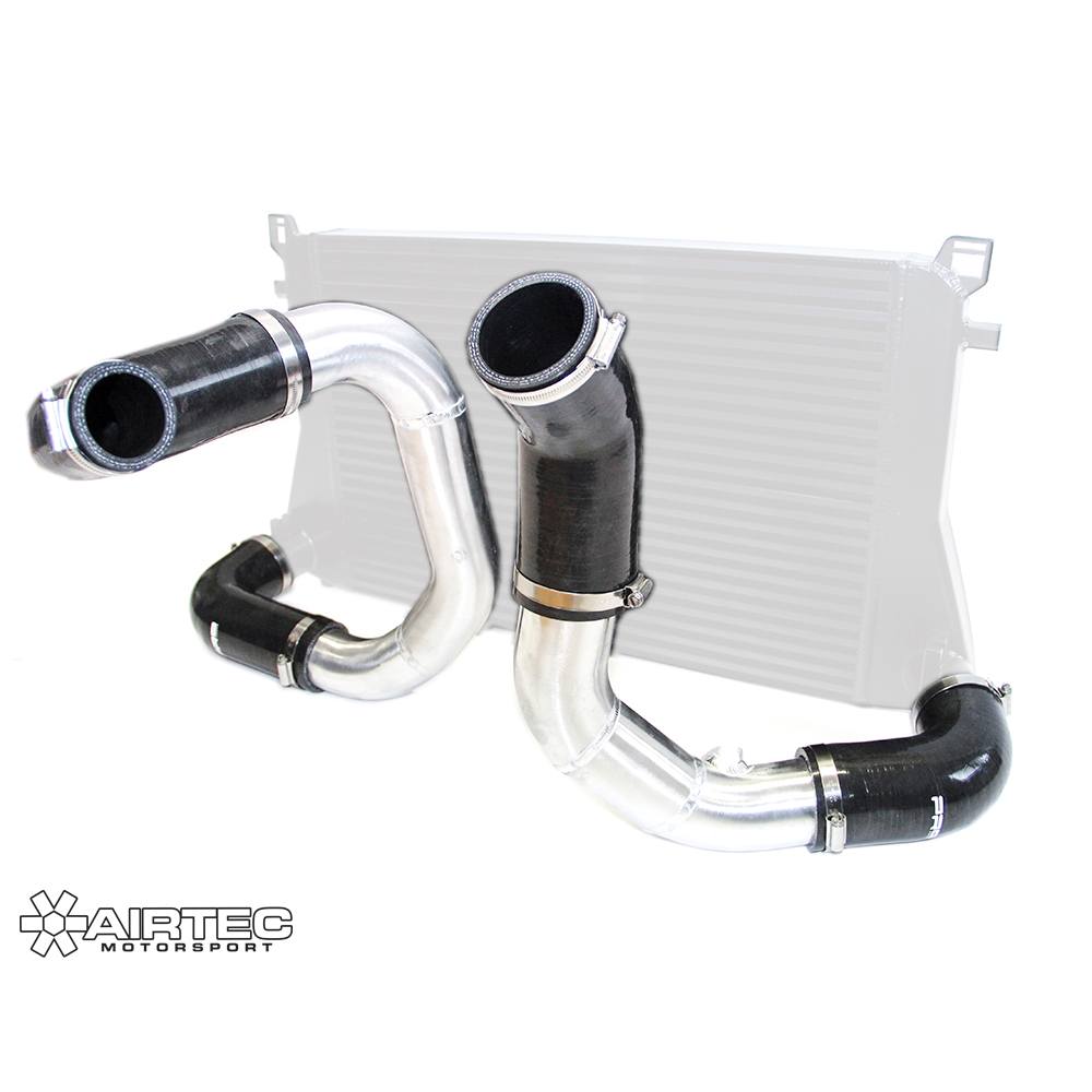 Airtec Motorsport MQB EA888 big boost pipe kit hoses installed on a vehicle engine.
