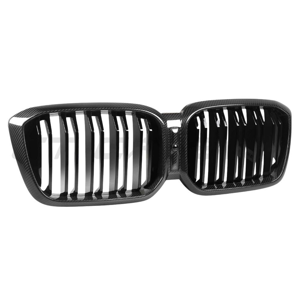 BMW G01 G02 X3 X4 2022-2024 CT Carbon double slat carbon fiber grille, close-up view of sleek, high-quality automotive grille.