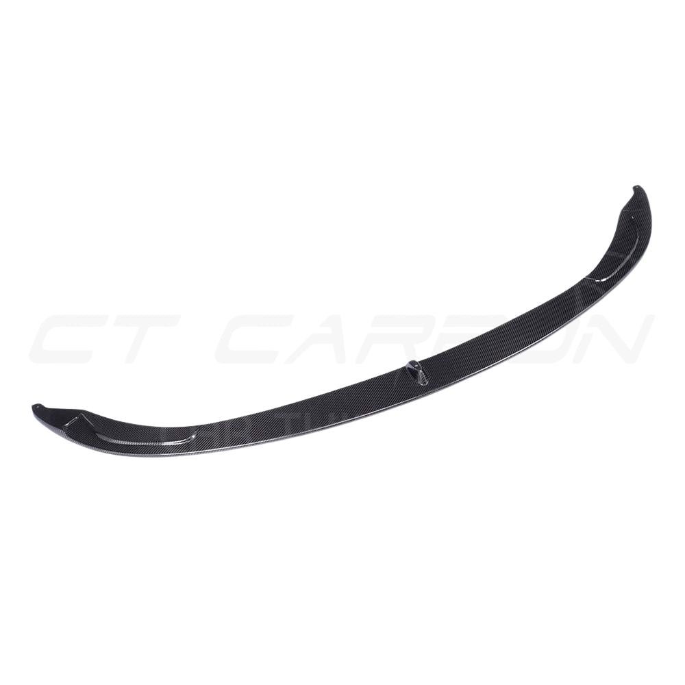BMW M3 M4 F80 F82 F83 carbon fibre splitter by CT Carbon, front aerodynamic upgrade, shown without canards on vehicle.