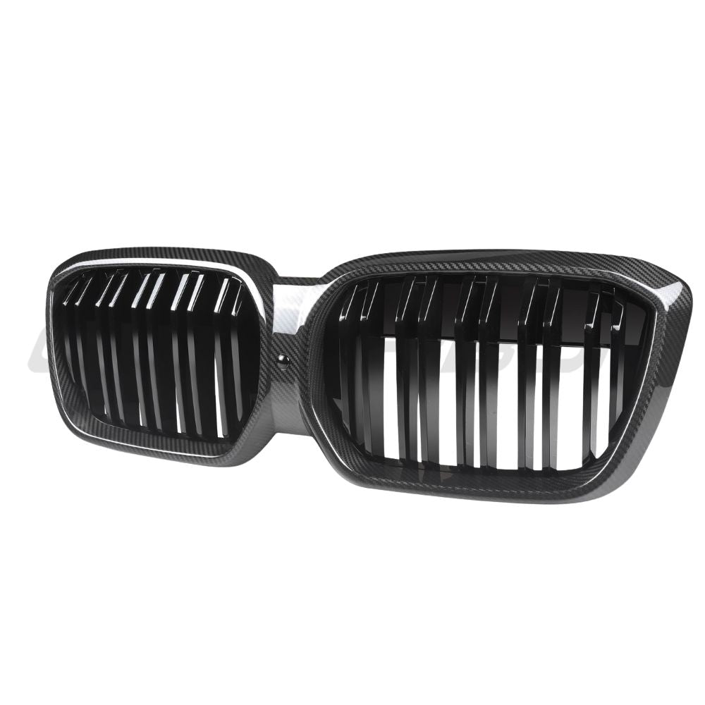 BMW G08 IX3 LCI 2021-2024 CT Carbon double slat carbon fibre grille, close-up view showing sleek black finish and detailed design.