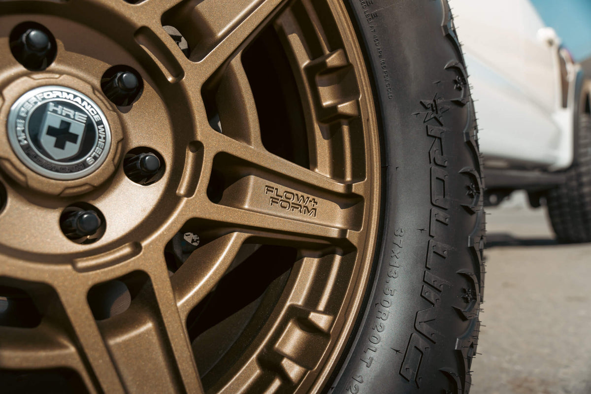 HRE PERFORMANCE WHEELS FT1 alloy wheel with multi-spoke design, shown in a close-up on a car.