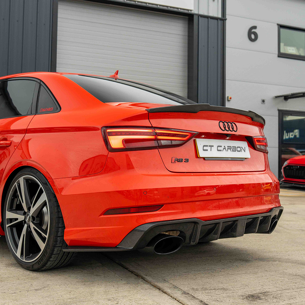 CT Carbon Audi RS3 8V saloon rear carbon diffuser with DTM light, showcasing sleek aerodynamic design and high-quality carbon material.