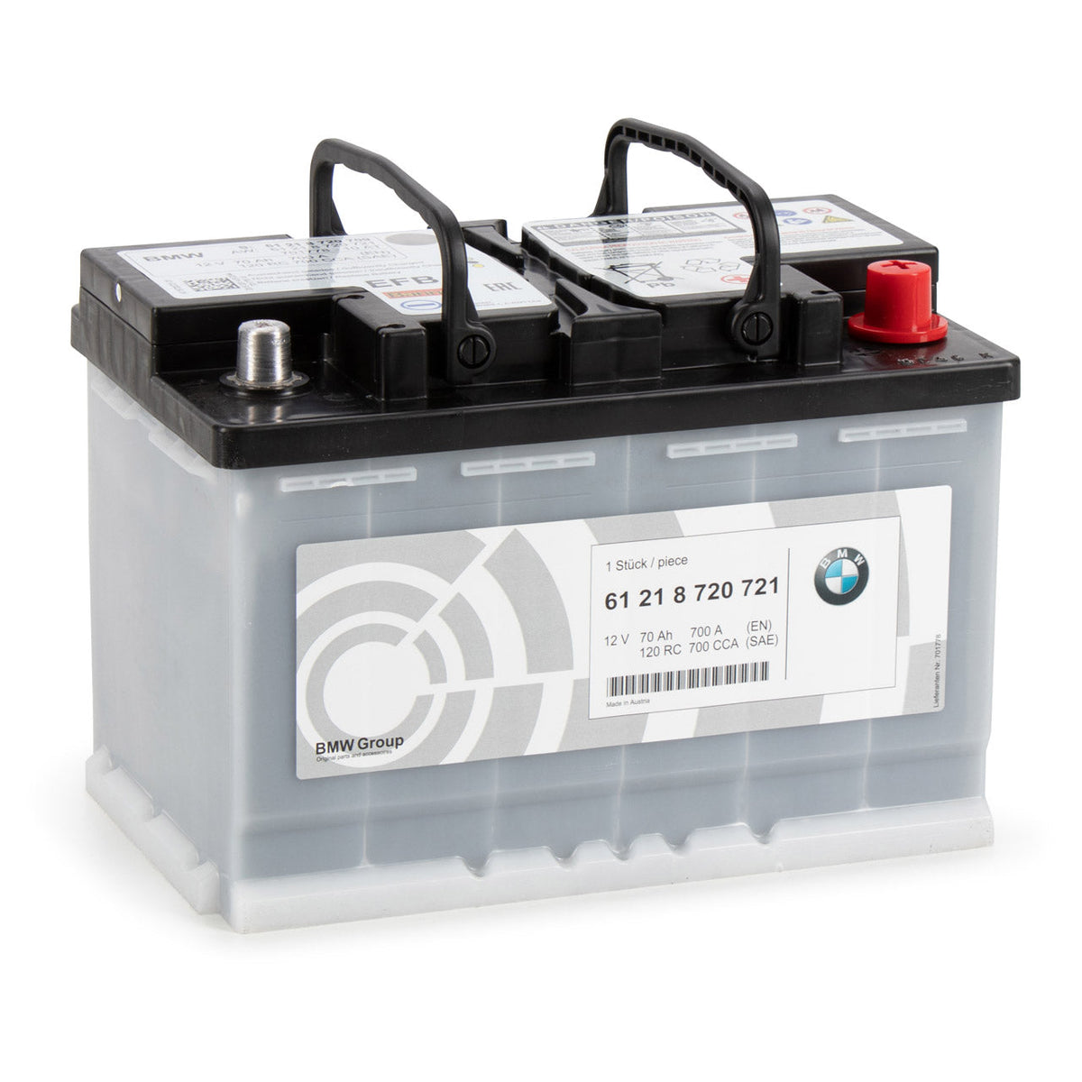 Genuine BMW MINI EFB battery 70AH, model 61218720721, with positive and negative terminals visible and clean battery case.