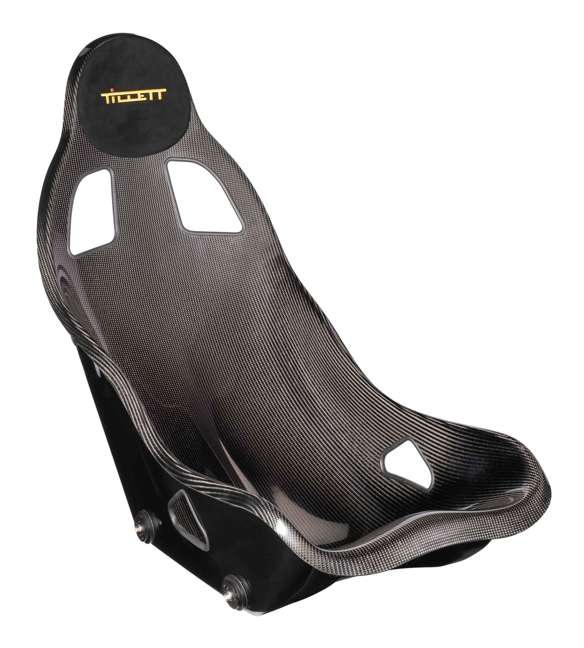 TILLETT B4 racing car seat in black carbon fiber with side support and safety harness slots, designed for high-performance racing vehicles.